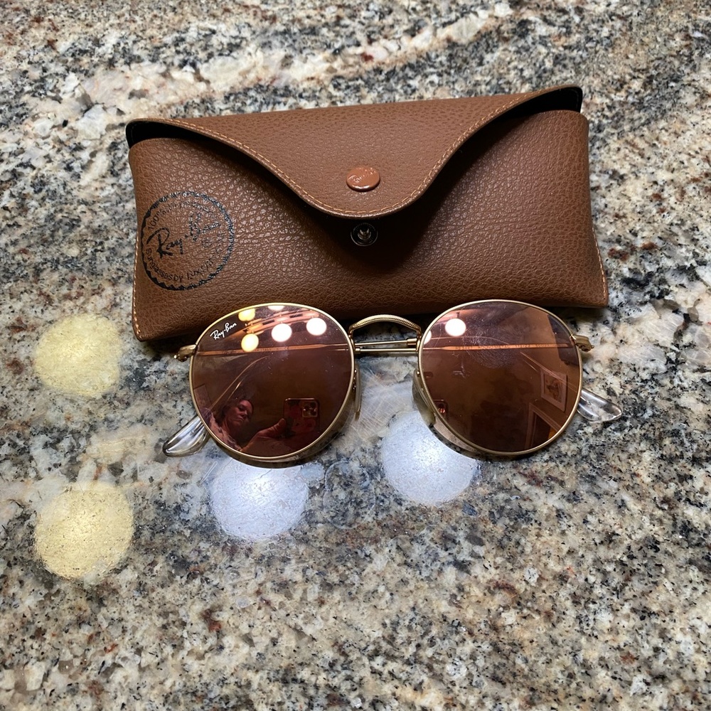 Ray-Ban Gold and Brown Round Sunglasses